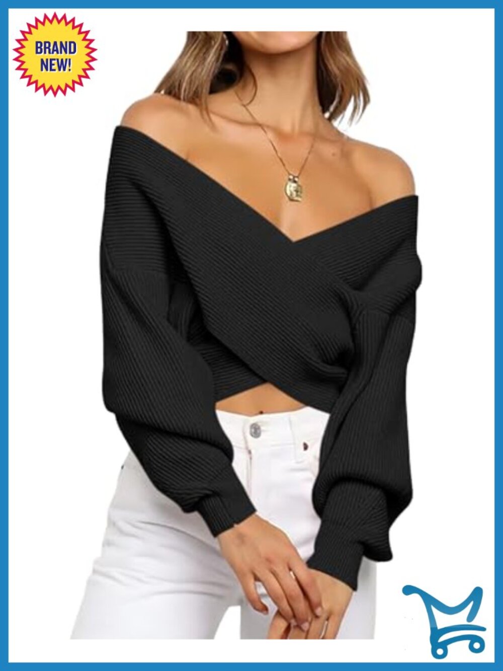 Off Shoulder Cropped Sweater V-Neck Lantern Sleeve Ribbed Knit Pullover